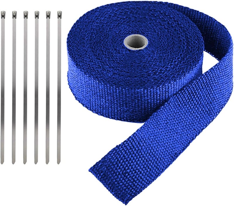 LKRXW Blue Exhaust Heat Wrap 2" x 32 Feet Motorcycle Exhaust Header Pipe Wrap Fiberglass Heat Shield Tape Car Manifold Insulation Thermal Protection with 6pcs Stainless Ties - Image 1